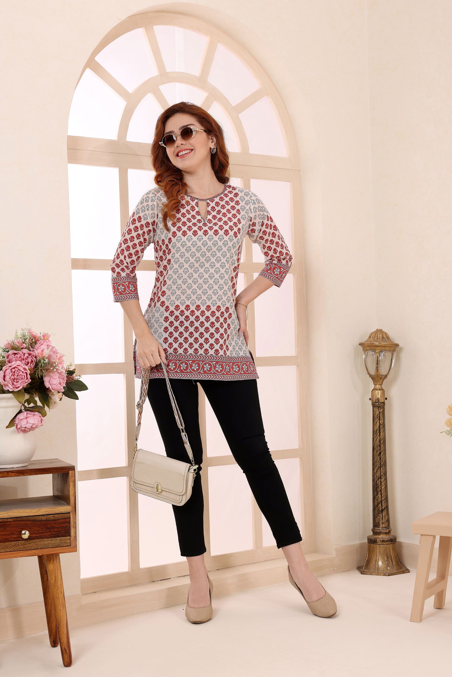 Beige Cotton Short Kurti Tunic Top with Ethnic Motifs for Women
