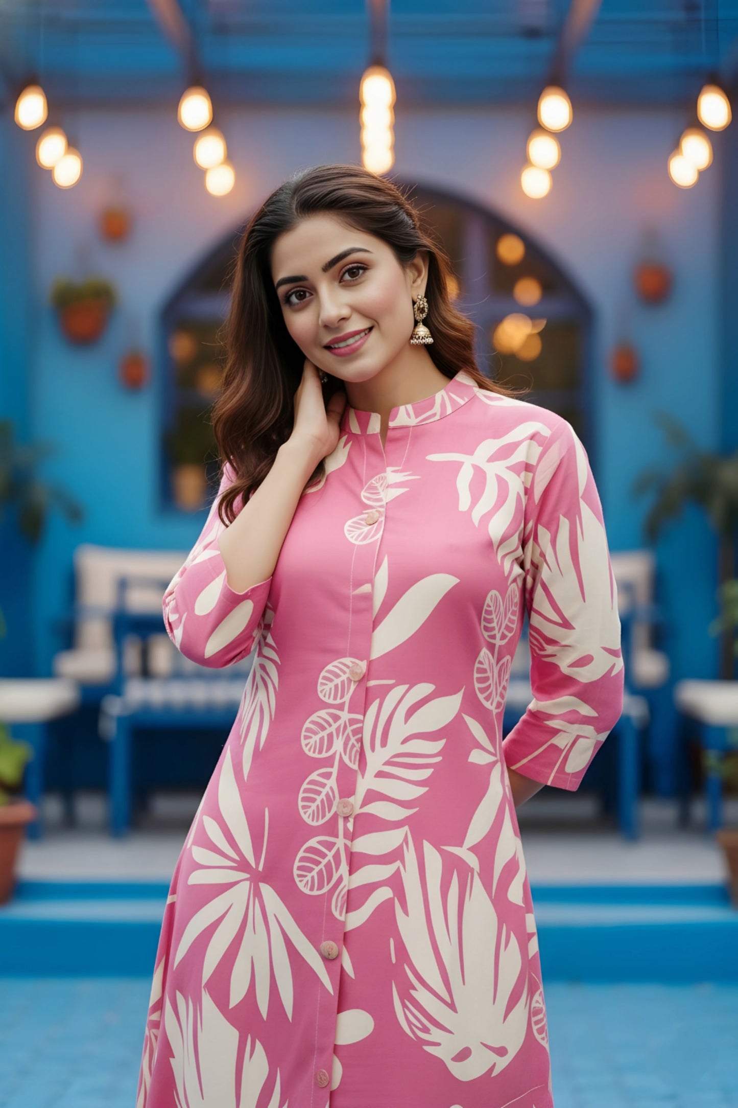 Pink Leafy Print Linen Cotton Princess Cut Long Kurta For Women