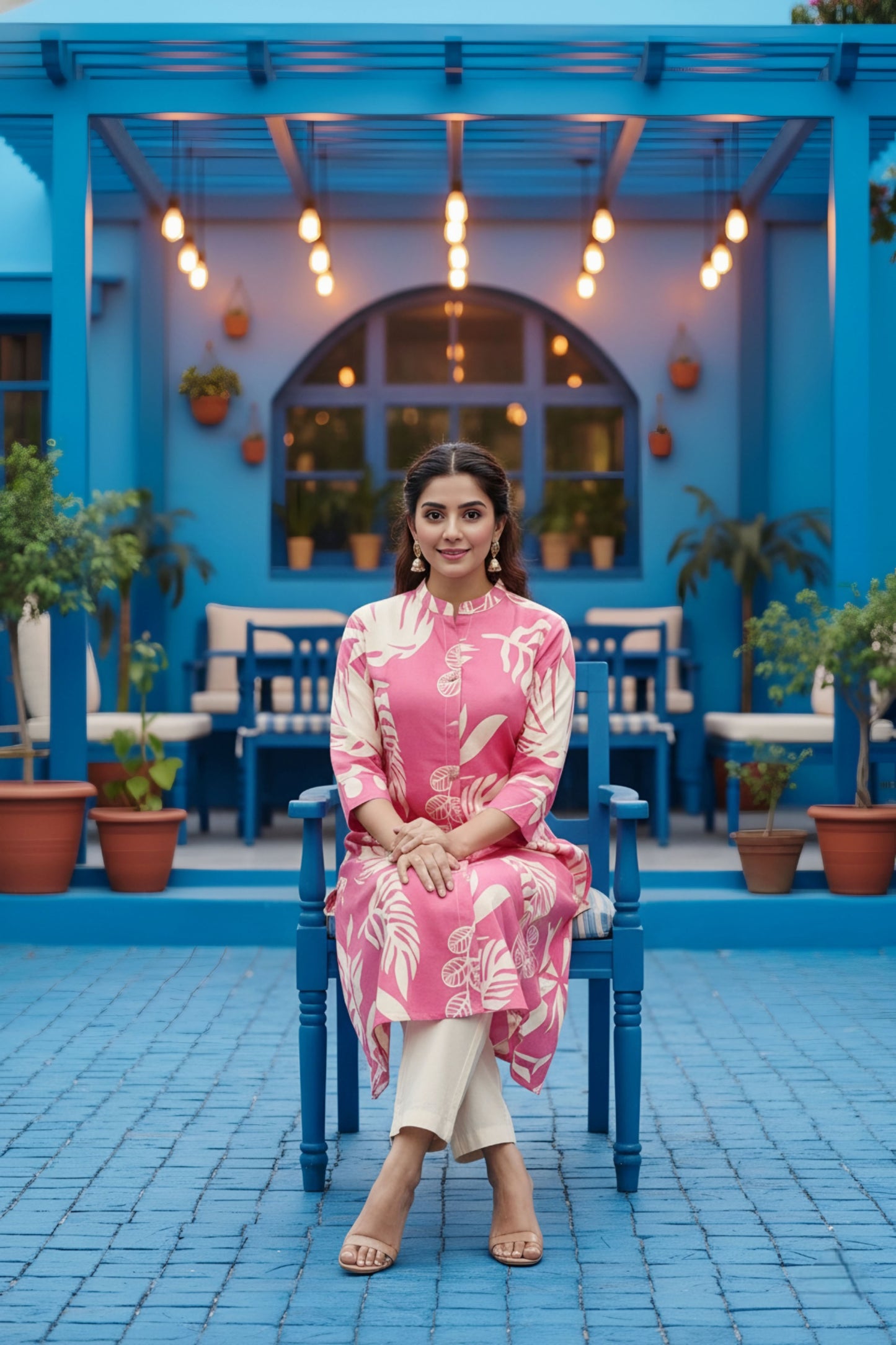 Pink Leafy Print Linen Cotton Princess Cut Long Kurta For Women