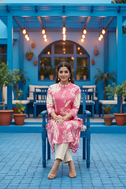 Pink Leafy Print Linen Cotton Princess Cut Long Kurta For Women