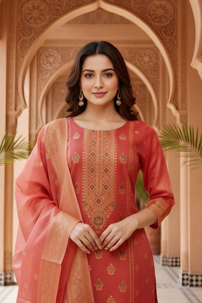 Maroon Banarasi Chanderi Handwoven Women Three Piece Long Kurta Set
