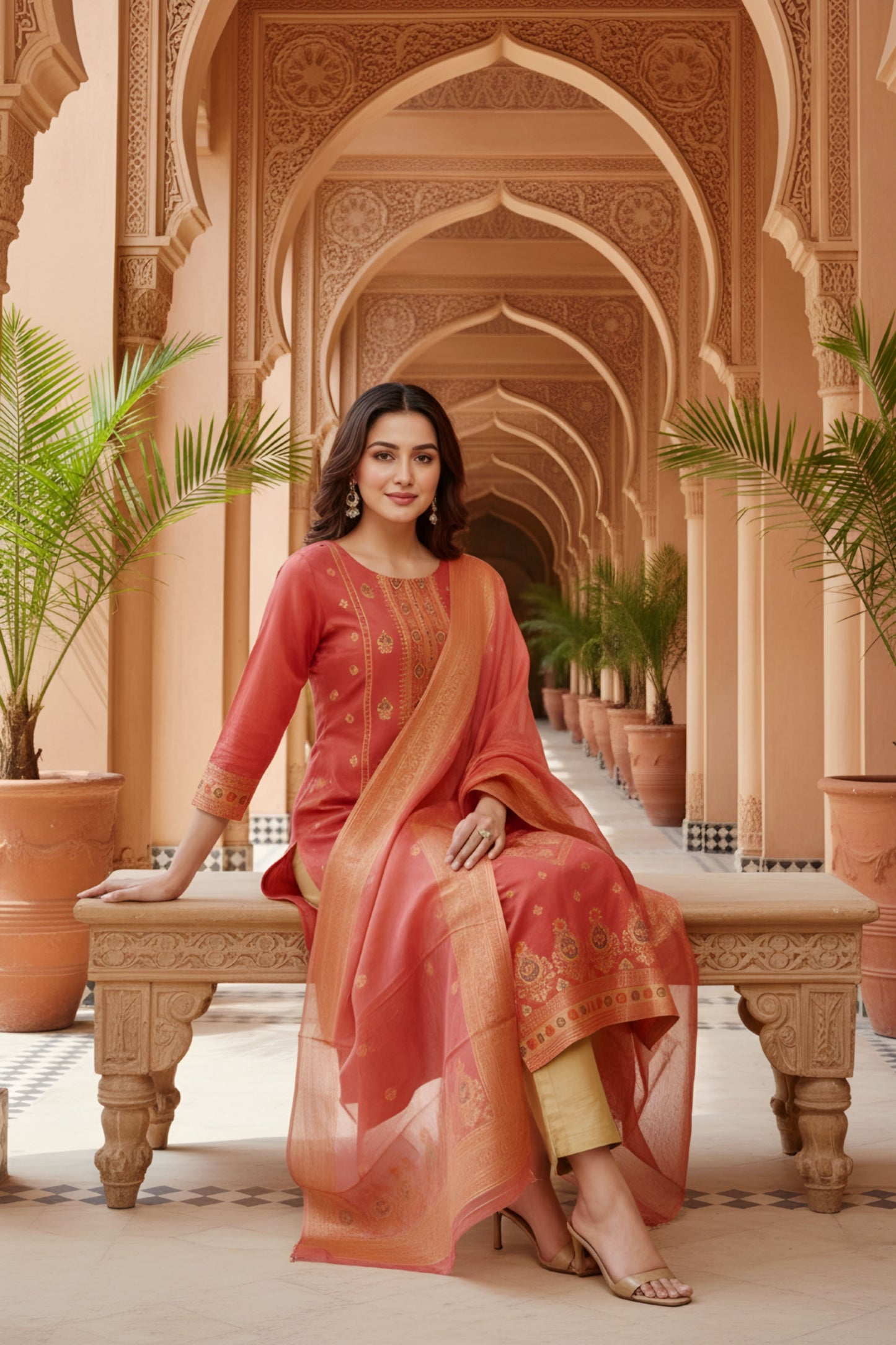 Maroon Banarasi Chanderi Handwoven Women Three Piece Long Kurta Set