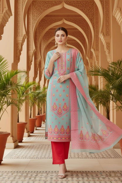 Blue Banarasi Chanderi Handwoven Women Three Piece Long Kurta Set
