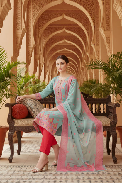Blue Banarasi Chanderi Handwoven Women Three Piece Long Kurta Set