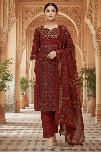 Maroon Jaipuri Print Cotton Kurta Pant Dupatta 3PC Set for Women