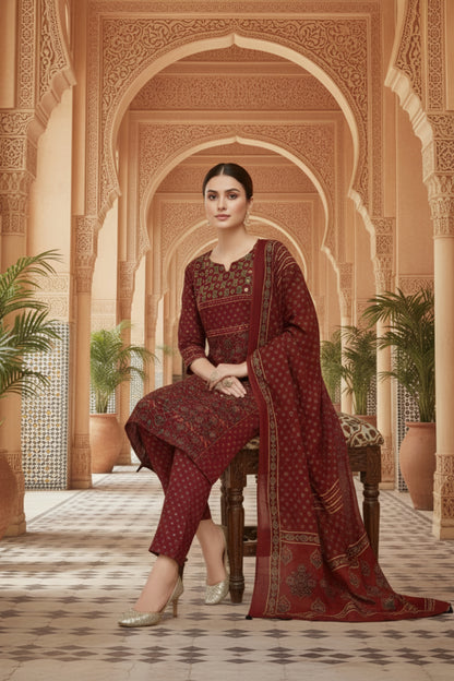 Maroon Jaipuri Print Cotton Kurta Pant Dupatta 3PC Set for Women