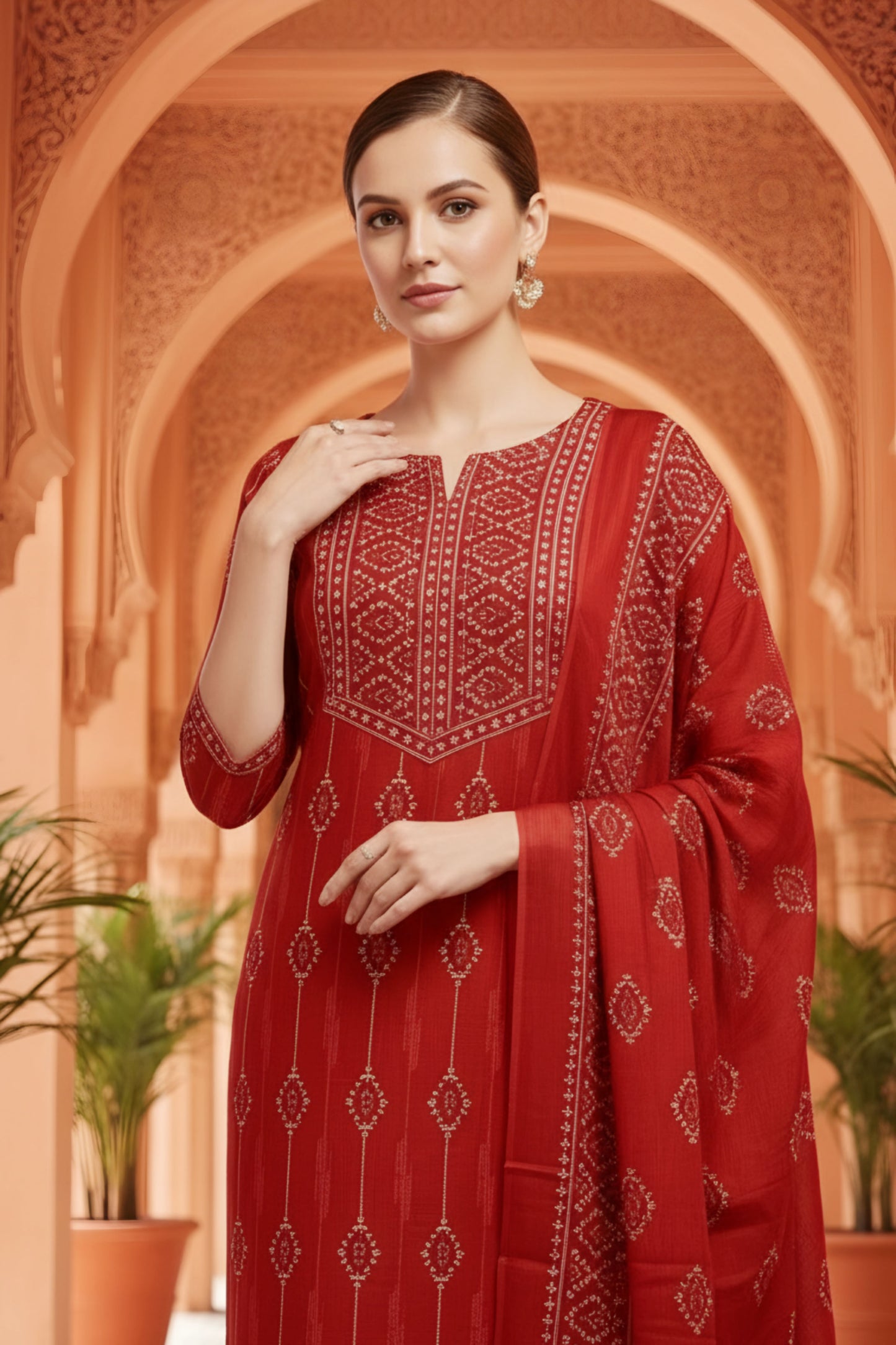 Rust Jaipuri Print Cotton 3 Piece Suit Set With Dupatta For Women