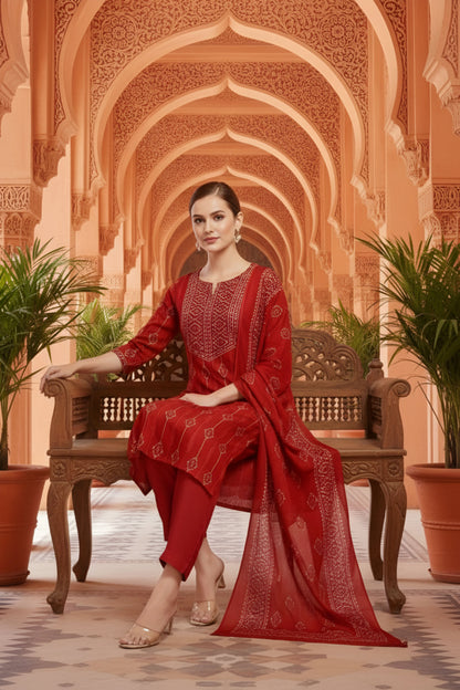 Rust Jaipuri Print Cotton 3 Piece Suit Set With Dupatta For Women