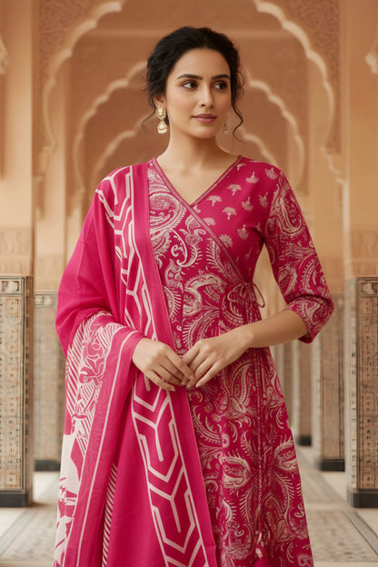 Pink Jaipuri Print Cotton Flared 3 Piece Suit Set with Dupatta for Women