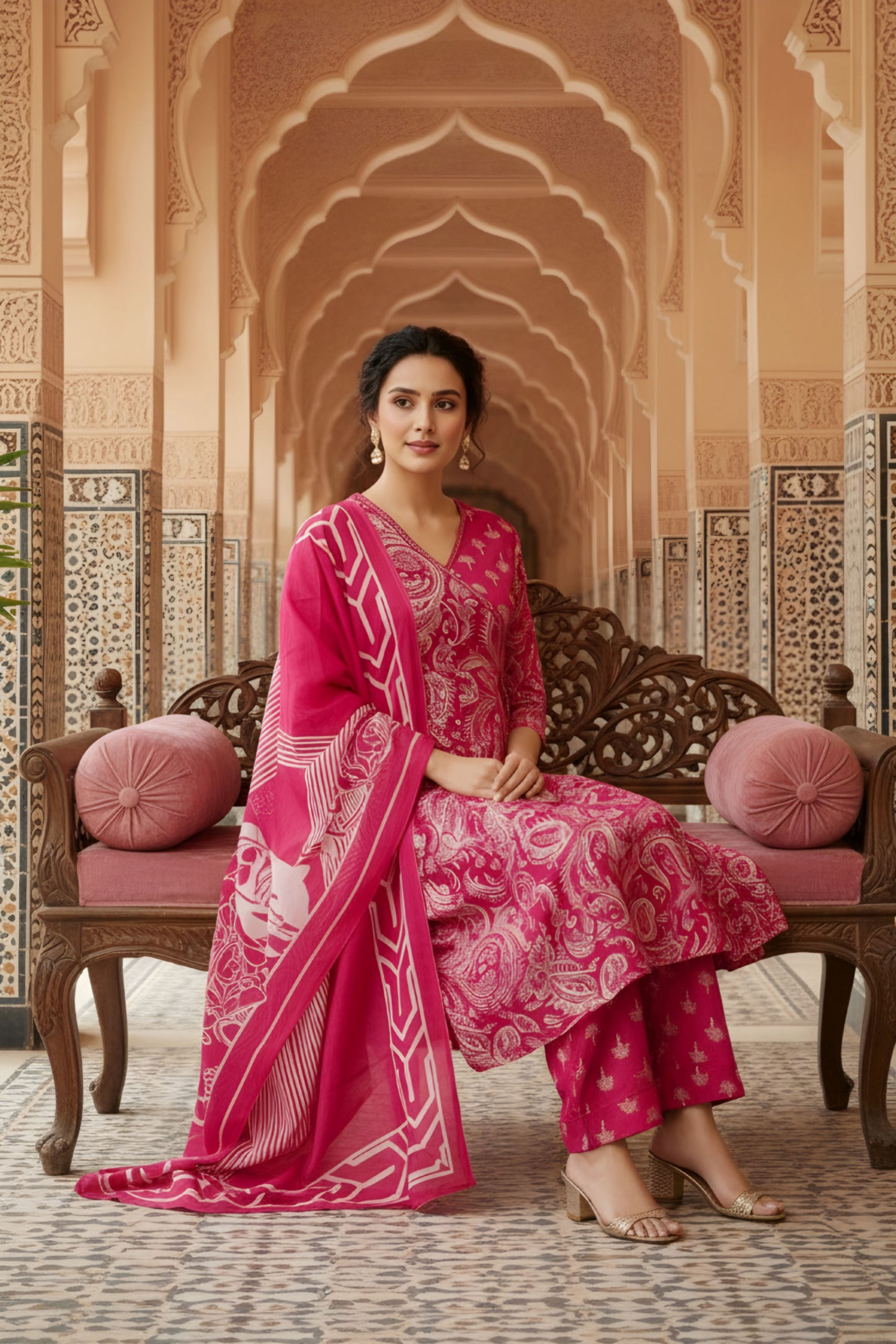 Pink Jaipuri Print Cotton Flared 3 Piece Suit Set with Dupatta for Women