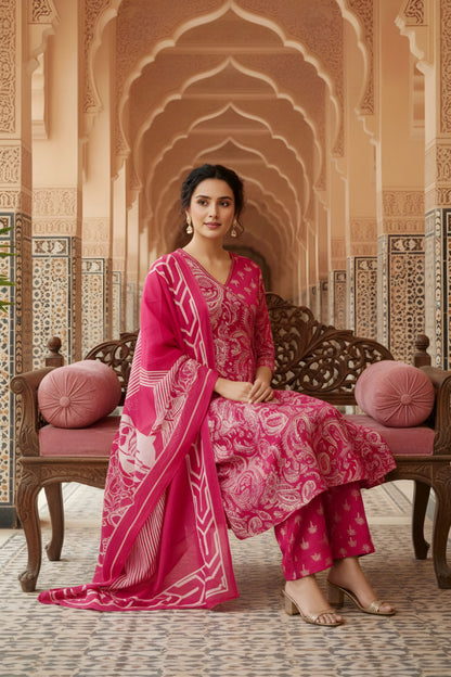 Pink Jaipuri Print Cotton Flared 3 Piece Suit Set with Dupatta for Women