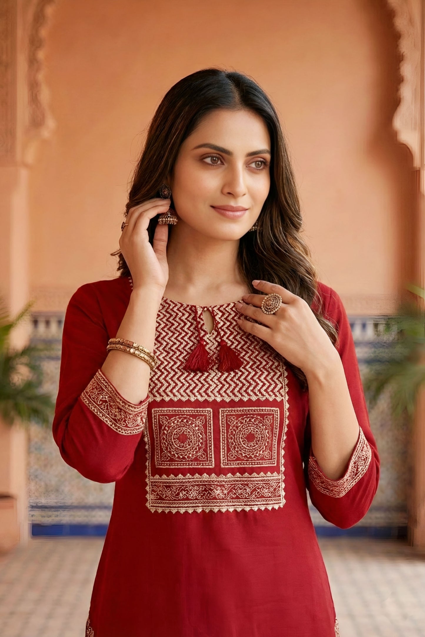 Red Jaipuri Cotton Kurta Pant Dupatta Set With Printed Yoke And Dupatta