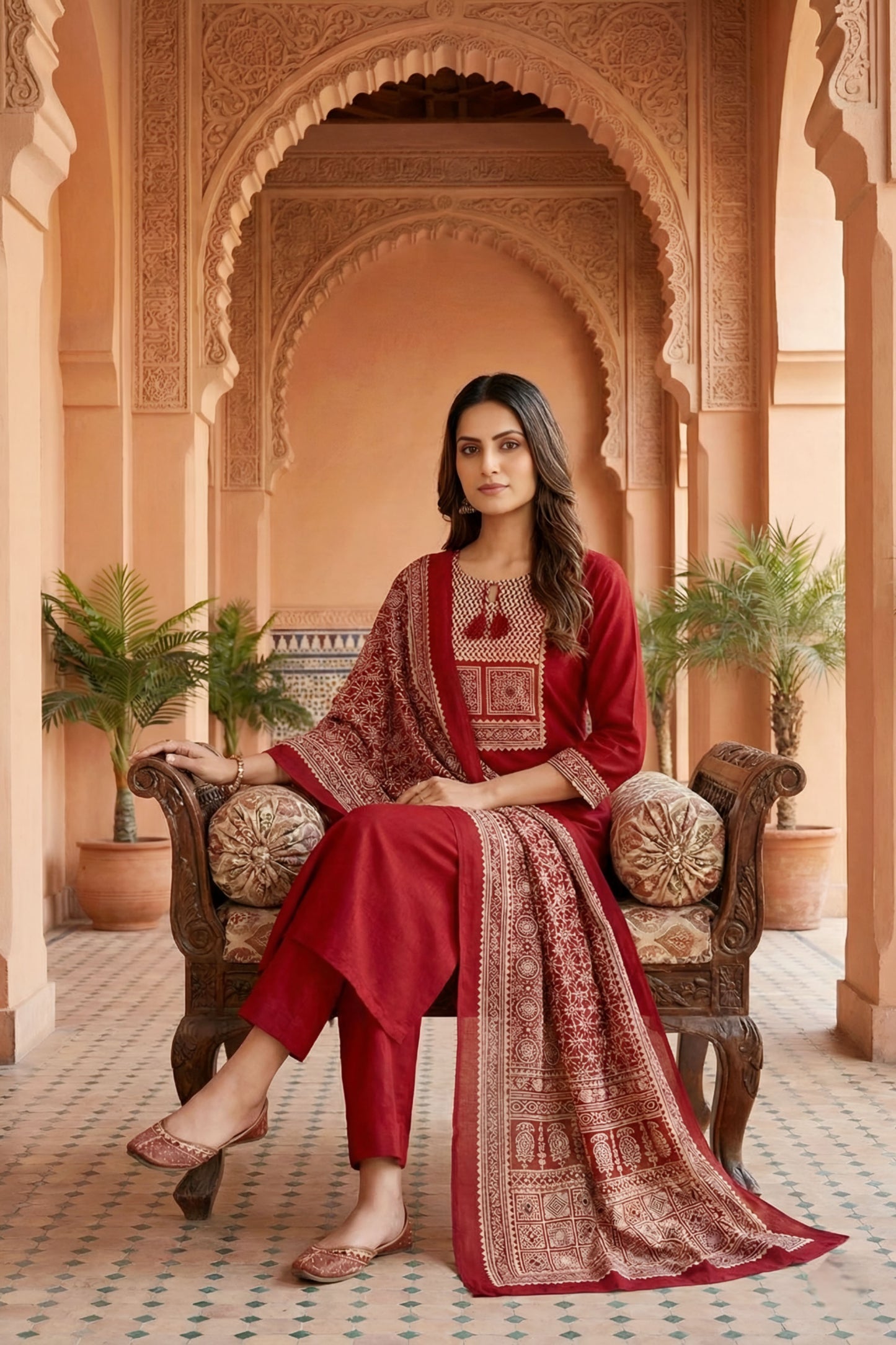 Red Jaipuri Cotton Kurta Pant Dupatta Set With Printed Yoke And Dupatta