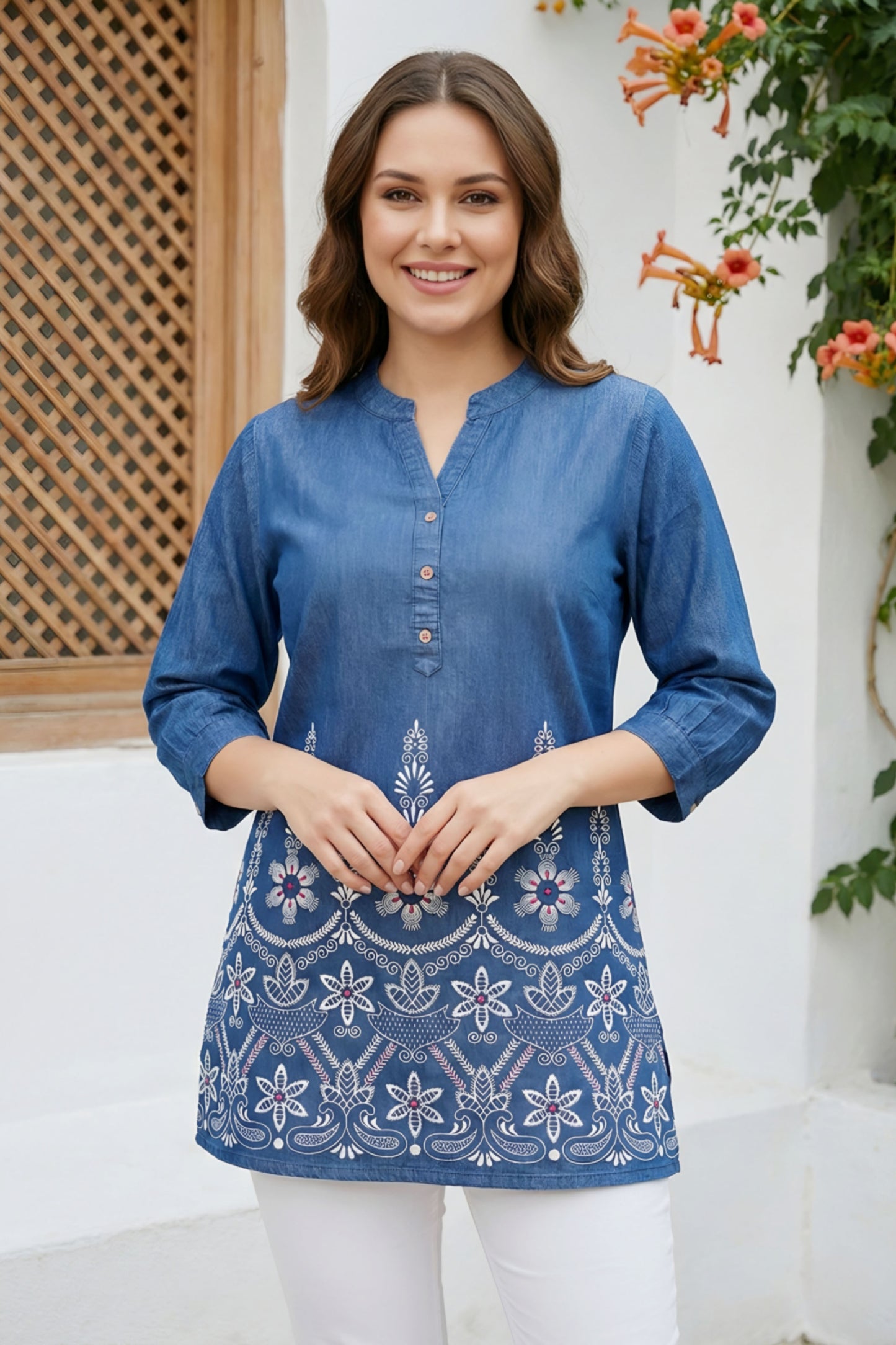 Women Indo Western Denim Short Kurti With Ban Collar
