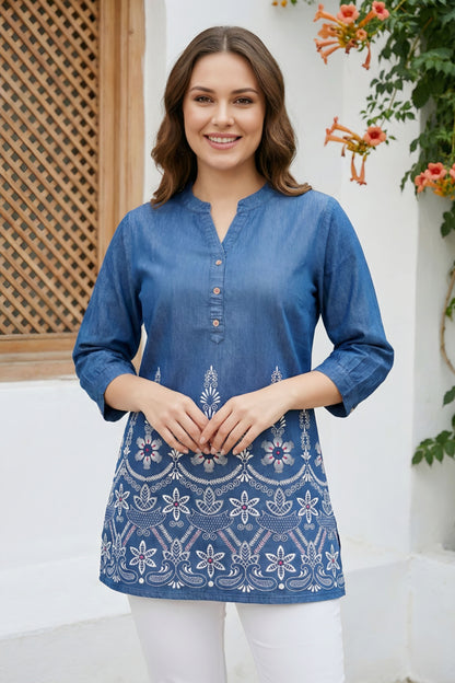 Women Indo Western Denim Short Kurti With Ban Collar
