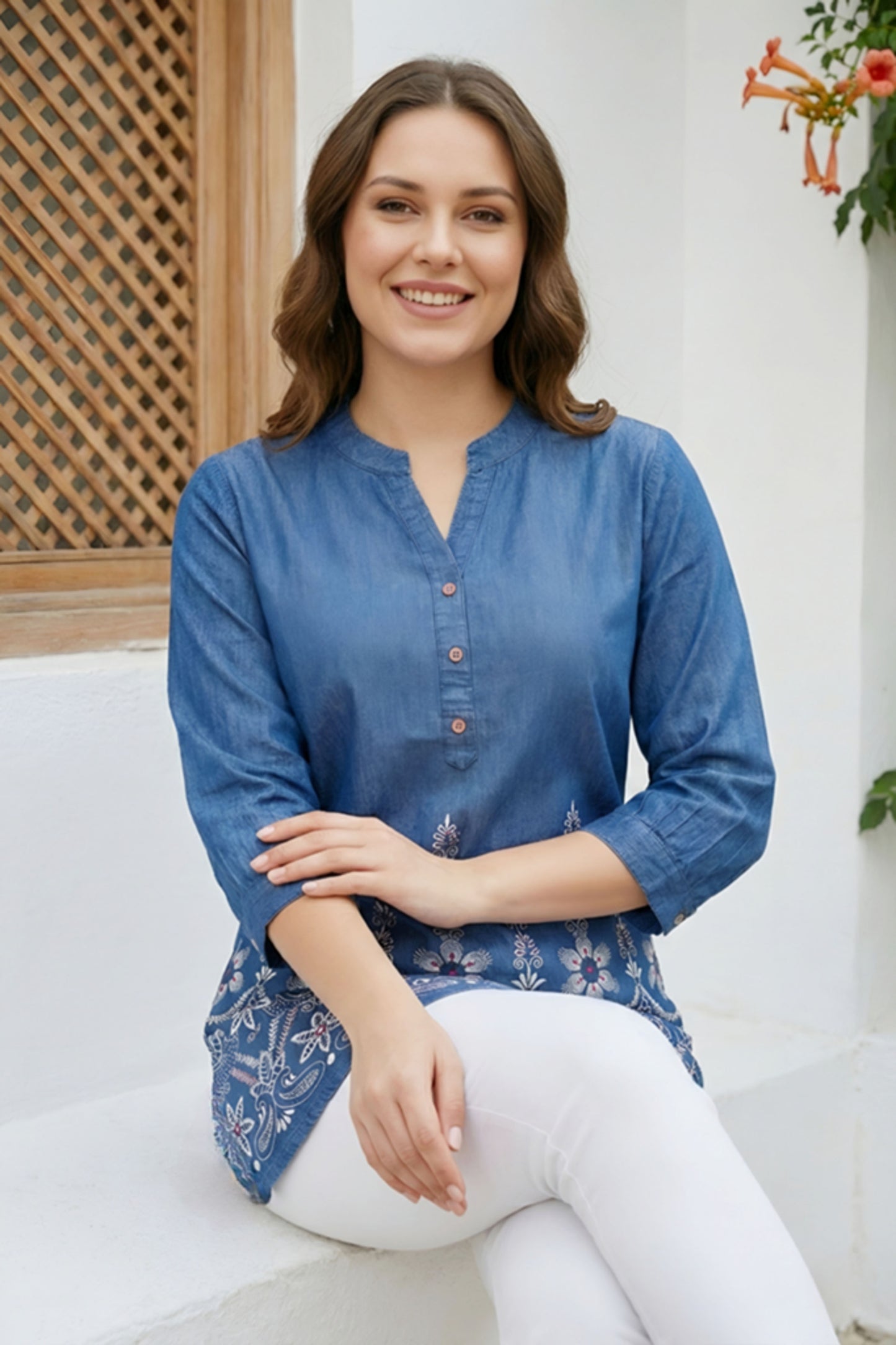 Women Indo Western Denim Short Kurti With Ban Collar