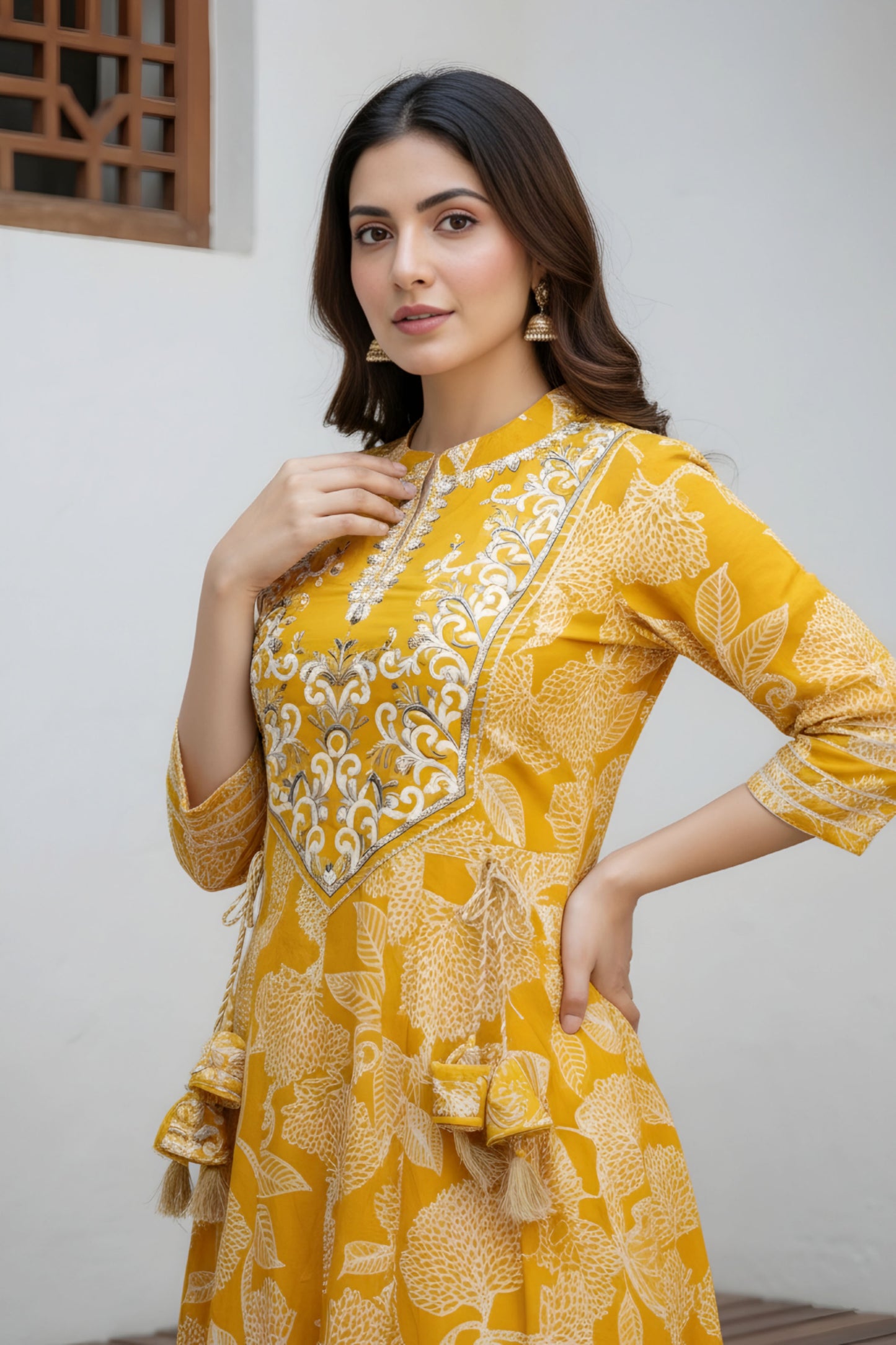 Yellow Jaipuri Cotton Anarkali With Embroidery Yoke and Tussles