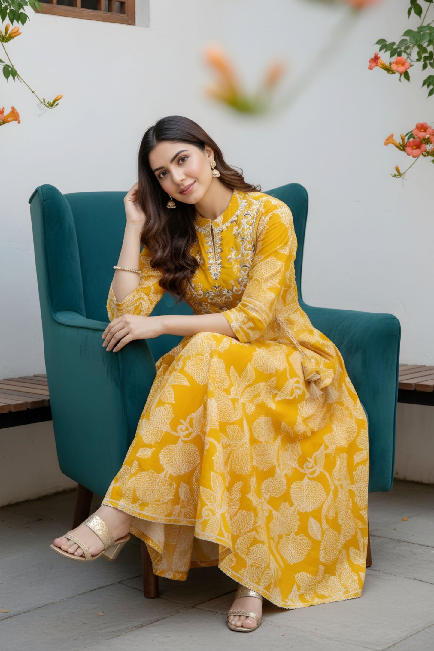 Yellow Jaipuri Cotton Anarkali With Embroidery Yoke and Tussles