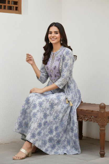 White Jaipuri Cotton Long Anarkali Gown With Embroidery Yoke and Tussles