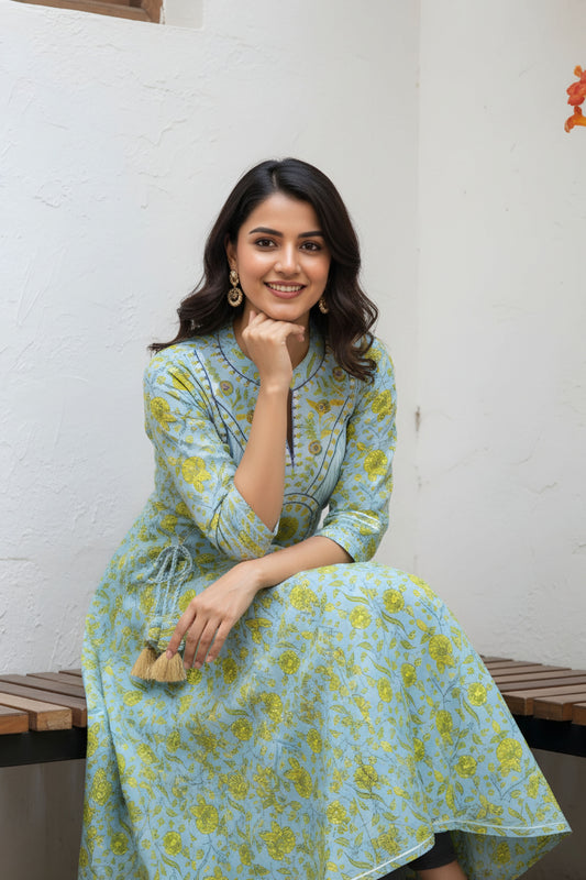 Light Blue Long Anarkali Gown With Embroidery Yoke And Tussles