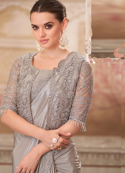 Vegaa Fashion Grey Embroidered Traditional Wedding Saree