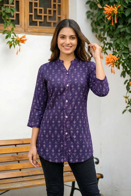 Dark Blue Printed Rayon Kurti Top for Women with Front Placket Design