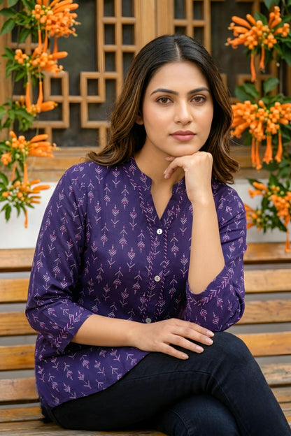Dark Blue Printed Rayon Kurti Top for Women with Front Placket Design