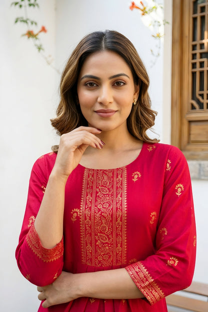 Cherry Red Rayon Flared Short Kurti with Pearl Gold Print For Women