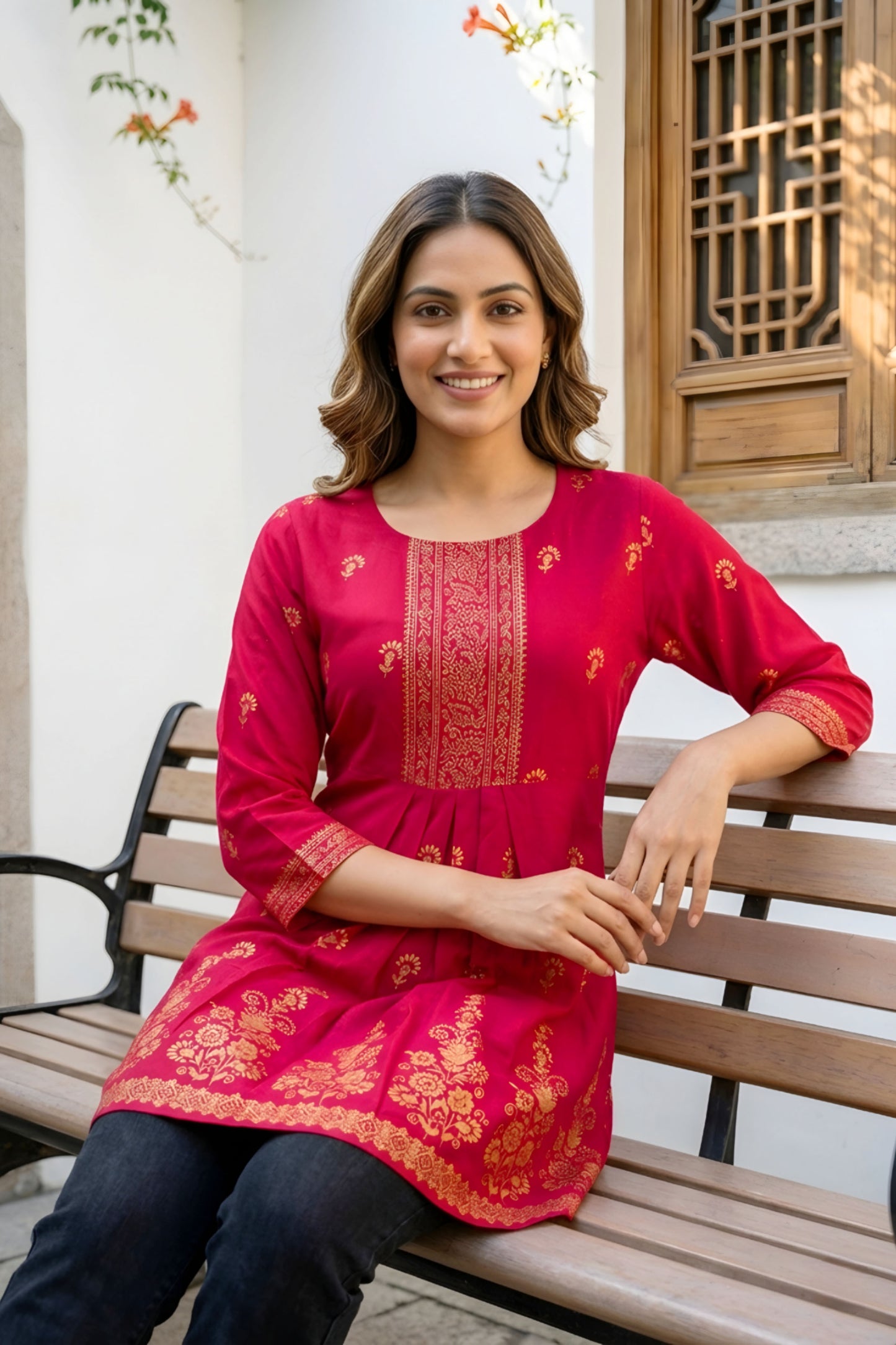 Cherry Red Rayon Flared Short Kurti with Pearl Gold Print For Women