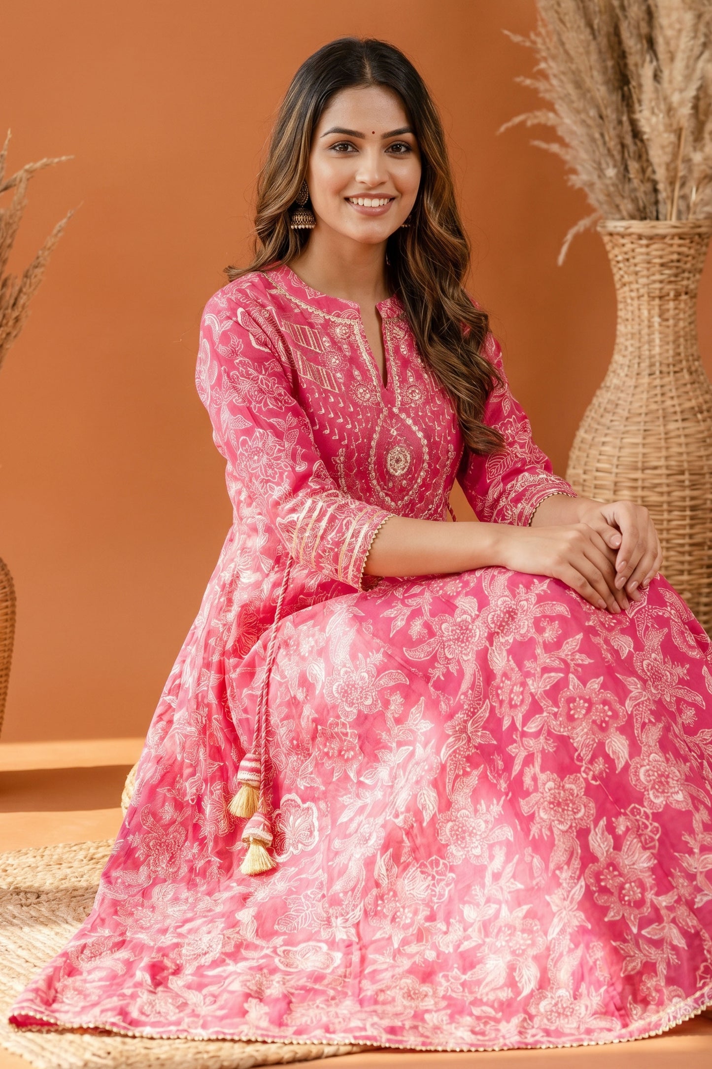 Rosy Pink Umbrella Flair Anarkali Long Kurti with Embroidery and Tussles