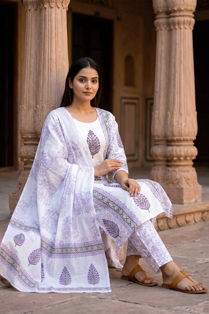 Premium Cotton Hand Block Print 3 Piece Suit Set with Dupatta for Women