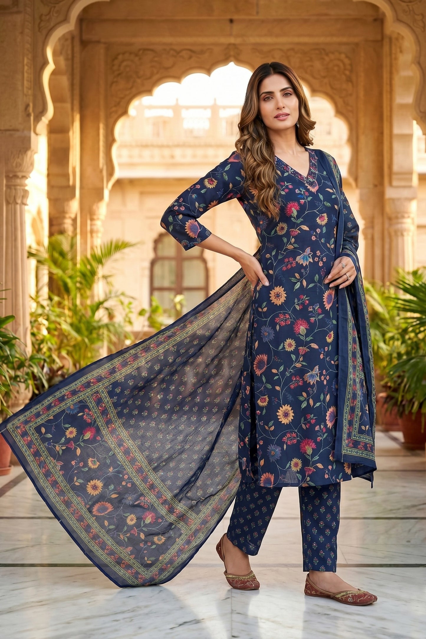 Midnight Meadow Pure Cotton Floral Print Three Piece Suit Set