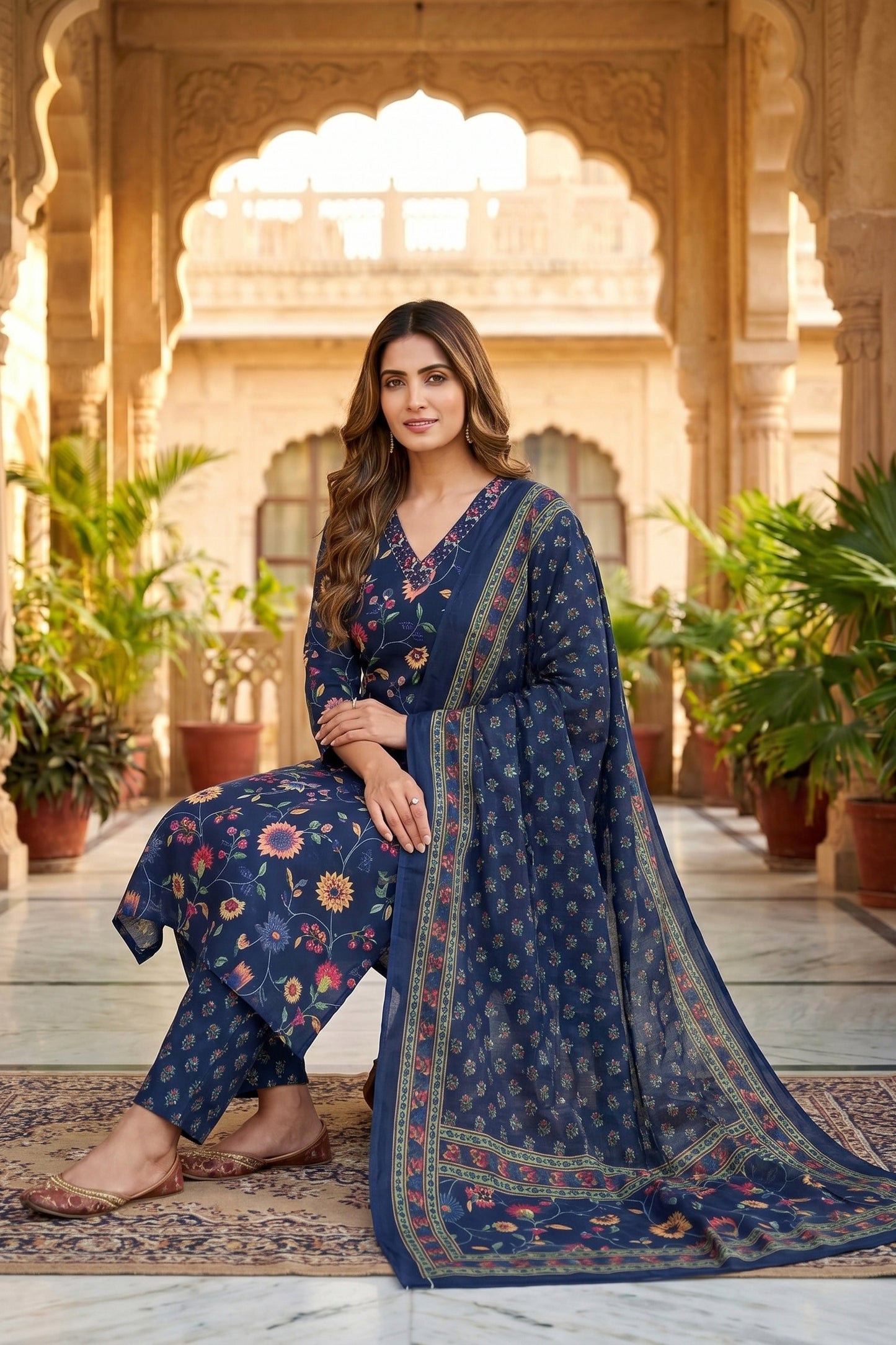 Midnight Meadow Pure Cotton Floral Print Three Piece Suit Set