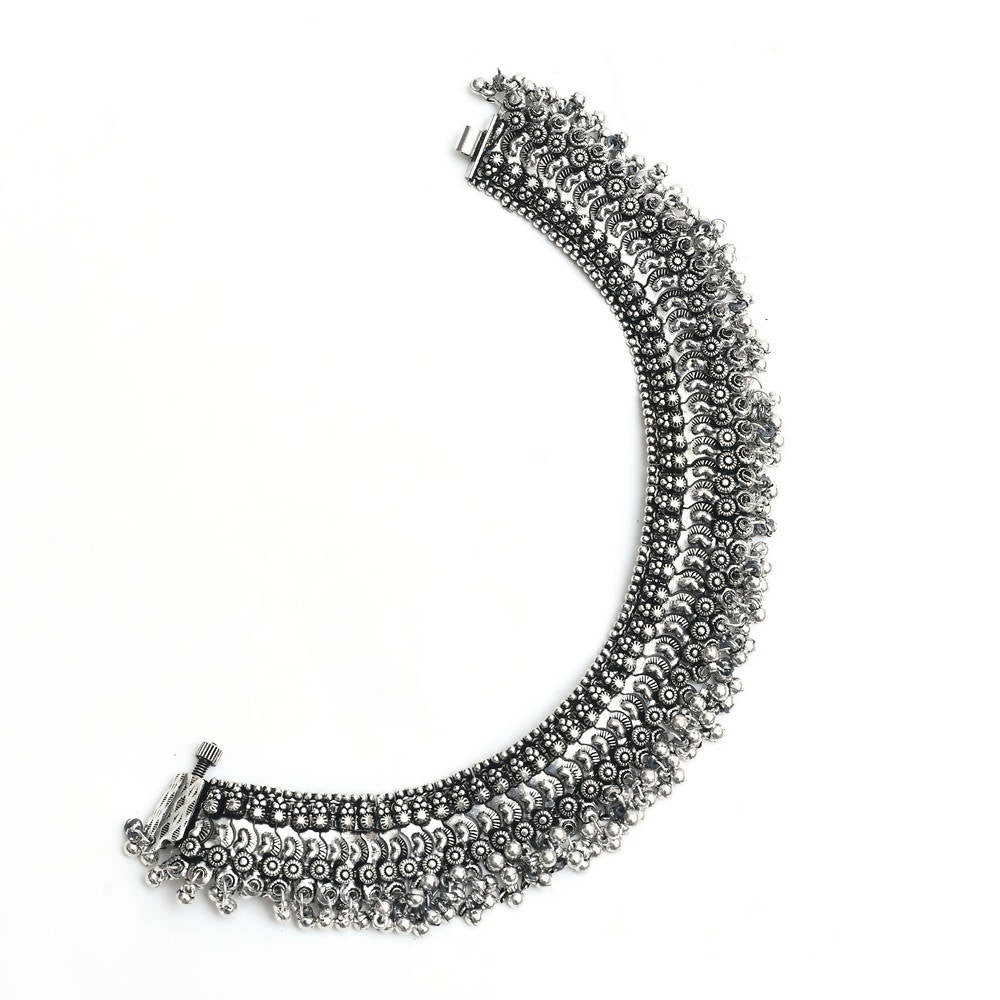 Mominos Fashion Kamal Johar Oxidised Silver Heavy Design Anklets