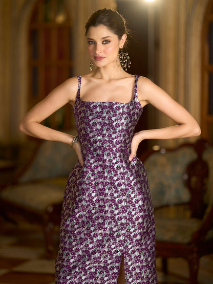 Monjolika Fashion Wine Floral Weaving Zari Jacquard Bodycon Midi Dress With Slit Cut