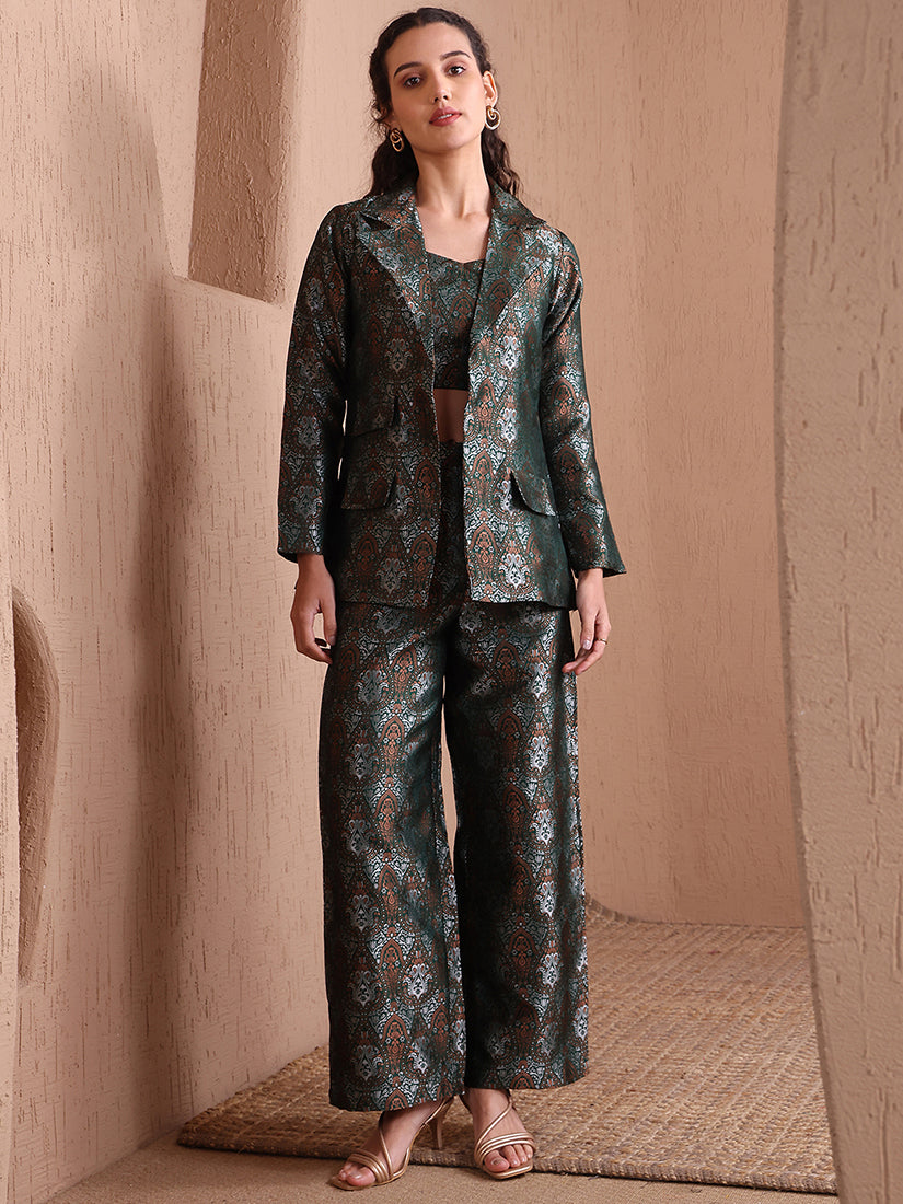 Monjolika Fashion Women's Green Banarasi Brocade Co-ord Set With Designer Blazer & Wide-Leg Pants