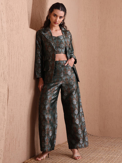 Monjolika Fashion Women's Green Banarasi Brocade Co-ord Set With Designer Blazer & Wide-Leg Pants