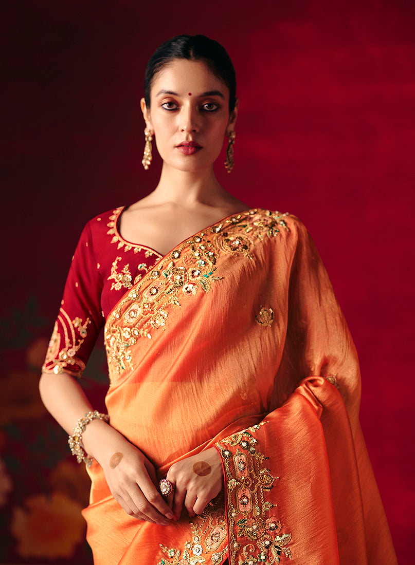 Monjolika Fashion Rust Fancy Fabric Embroidered Thread Work Classic Saree