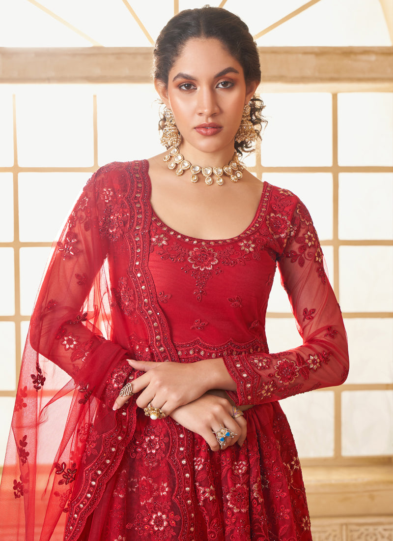 Vegaa Fashion Red Net Thread Work Wedding Lehenga