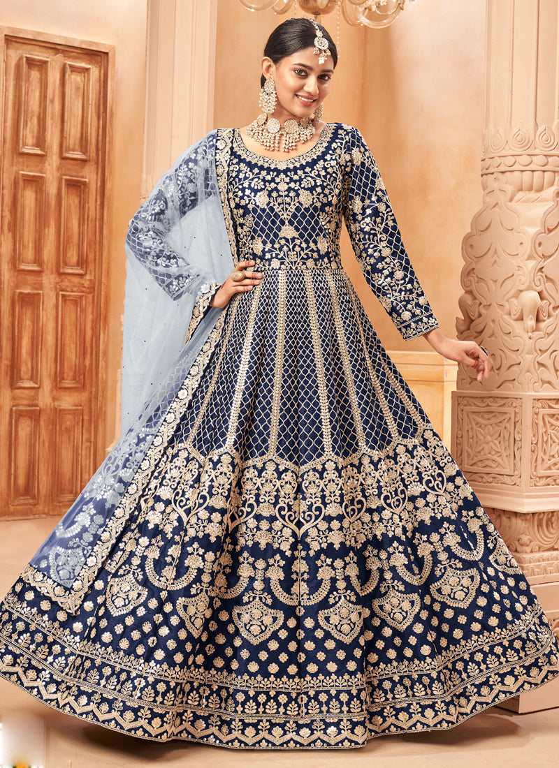 Vegaa Fashion Designer Navy Blue Art Silk Embroidery Anarkali Suit