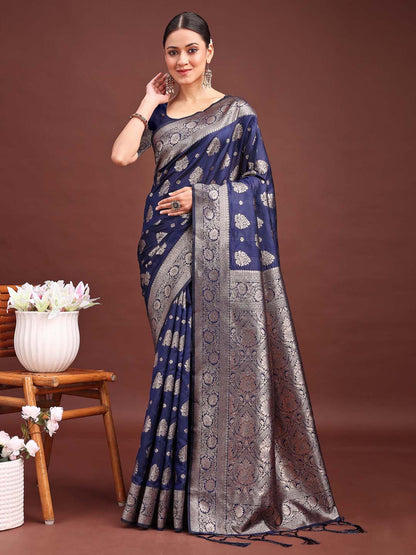 Shree Shyam Fashion Navy Blue Banarasi Silk Saree with Zari Weaving - A Timeless Tale of Elegance