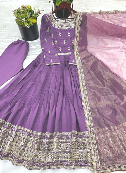 Prazu Fashion Lavender Roman Silk Embroidered Anarkali Suit