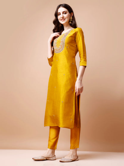Hand Embroidered Kurta With Pant & Organza Dupatta, Multicolor - Hiral Fashion