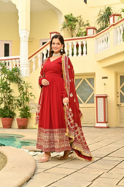 Joban Fashion Red Georgette Sequence Embroidery Work Kurta Set