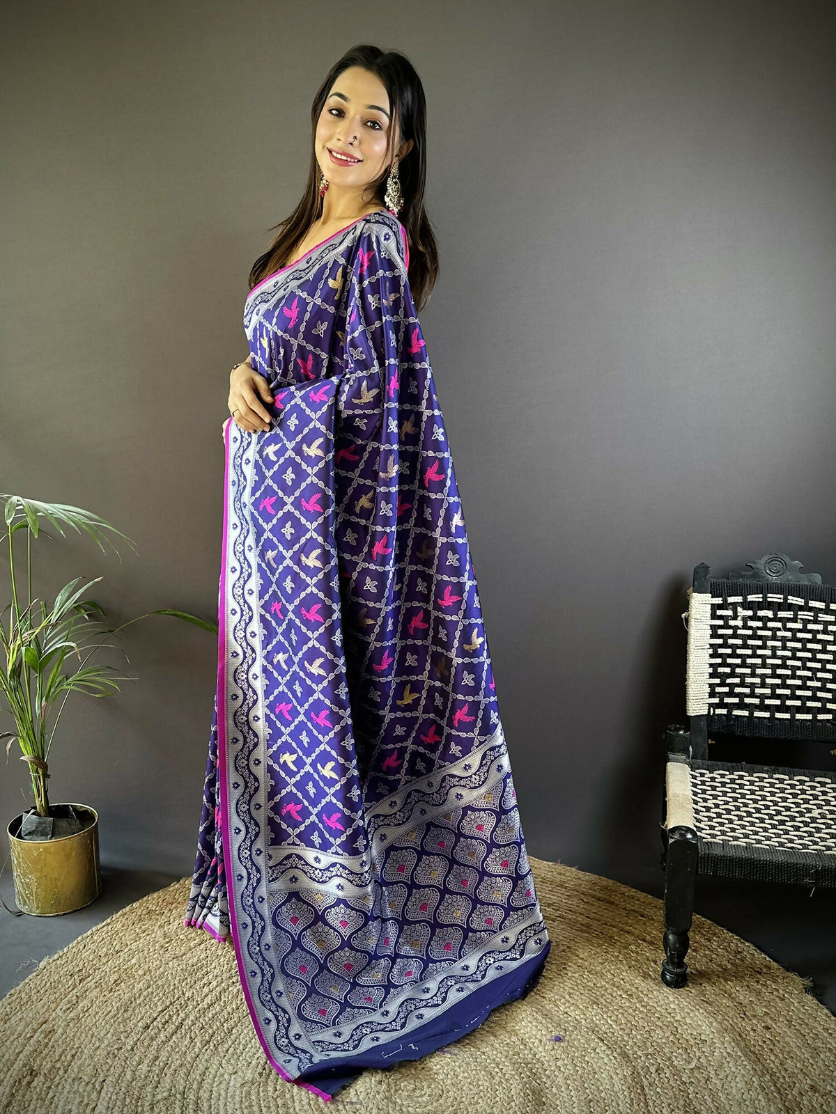 Joban Fashion Blue Jacquard Woven Pattern Lichi Soft Silk Banarasi Saree