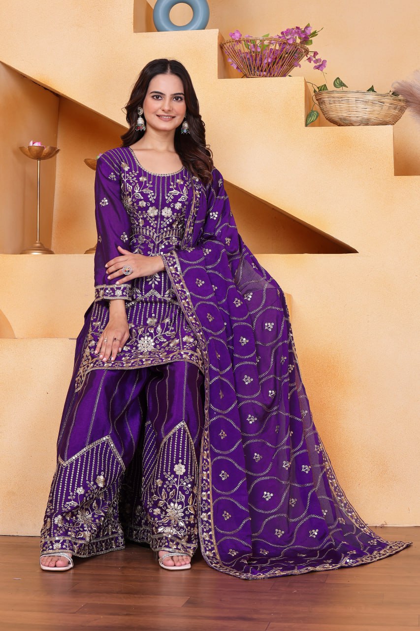 Prazu Fashion Violet Chinon Silk Sequin Embroidered Sharara Suit