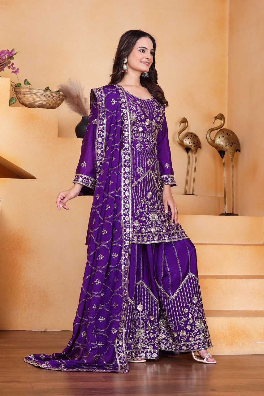 Prazu Fashion Violet Chinon Silk Sequin Embroidered Sharara Suit