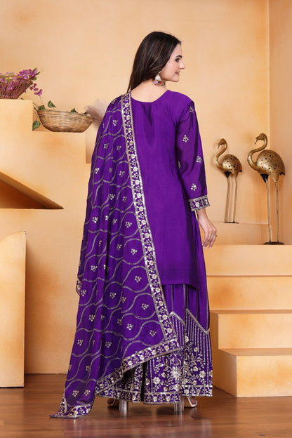 Prazu Fashion Violet Chinon Silk Sequin Embroidered Sharara Suit