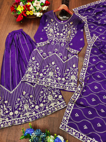Prazu Fashion Violet Chinon Silk Sequin Embroidered Sharara Suit