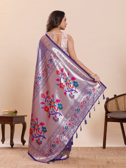 Dwija Fashion Purple Wedding Wear Woven Lotus Motif Work Pure Soft Silk Saree With Unstitched Blouse